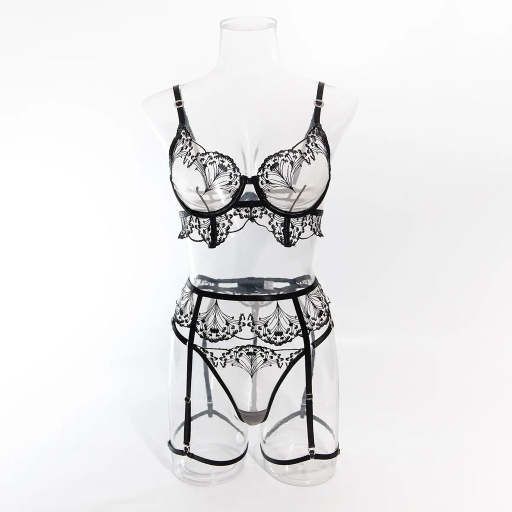 The Noir Flourish Embroidered Mesh Lingerie Set