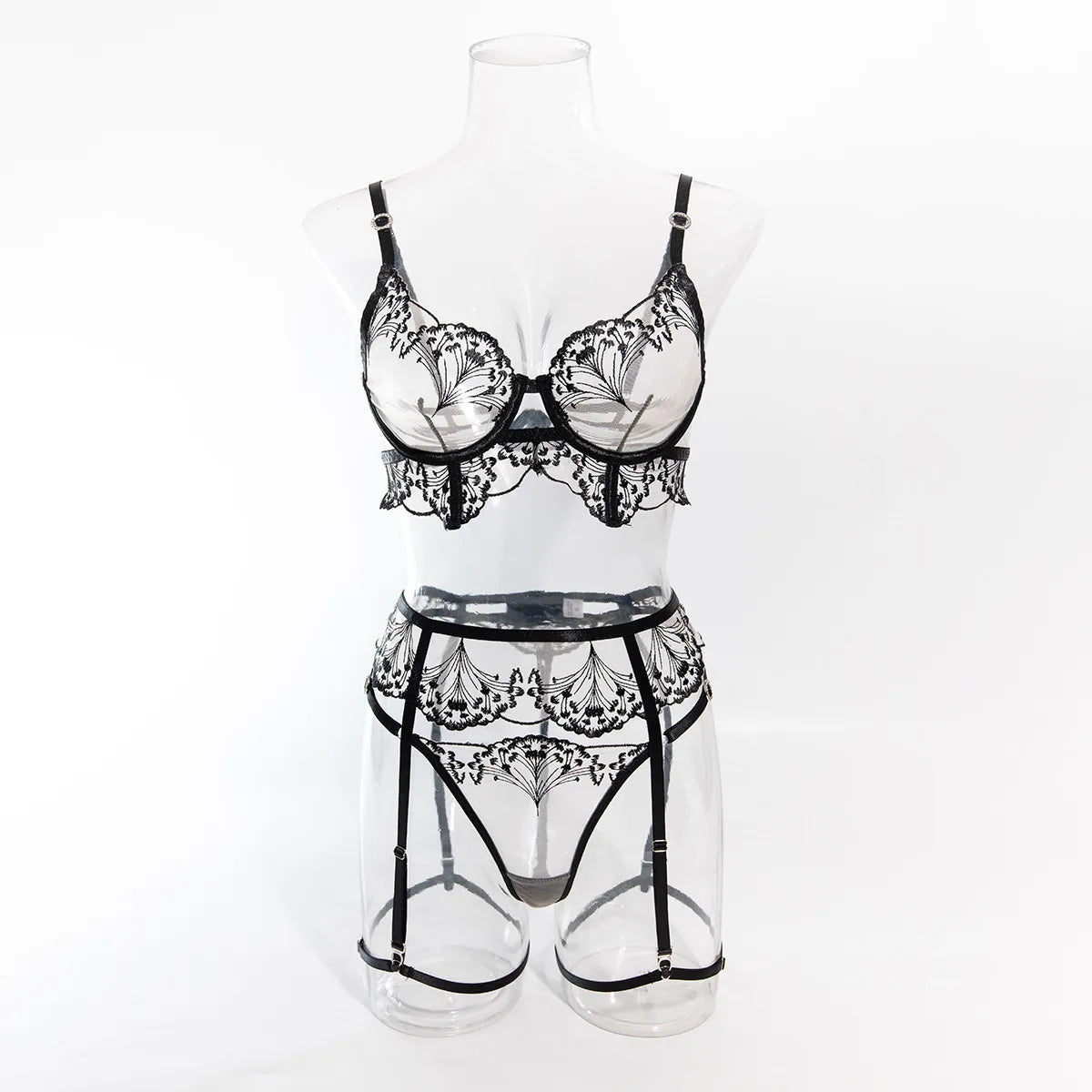 The Noir Flourish Embroidered Mesh Lingerie Set