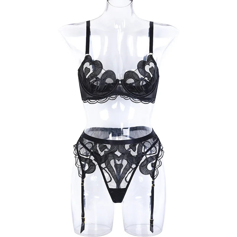 The Mesh Embroidery Garter Lingerie Set