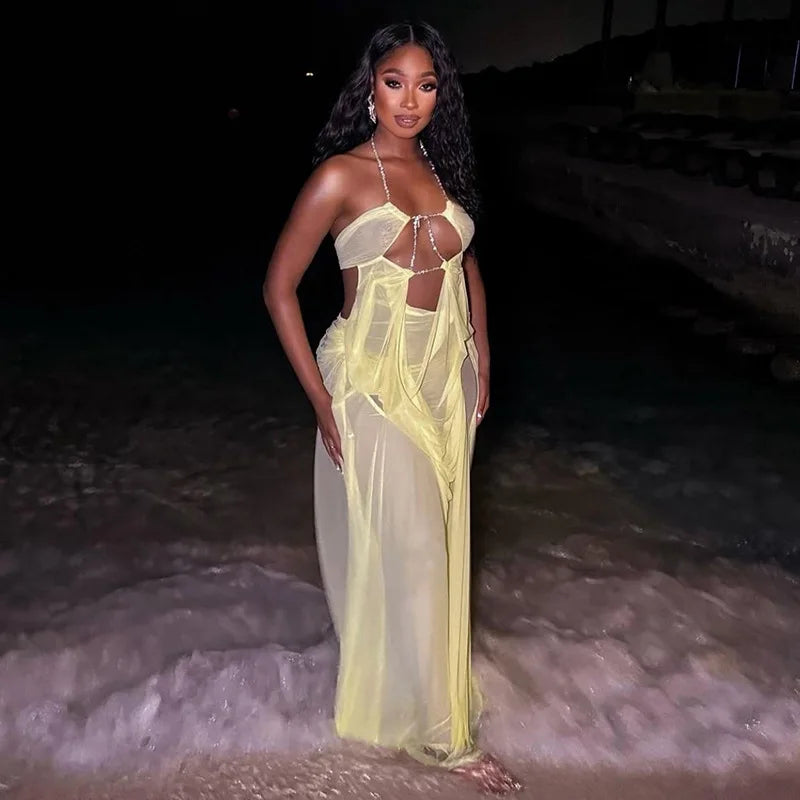 The Moonlit Muse Rhinestone Mesh Maxi Dress