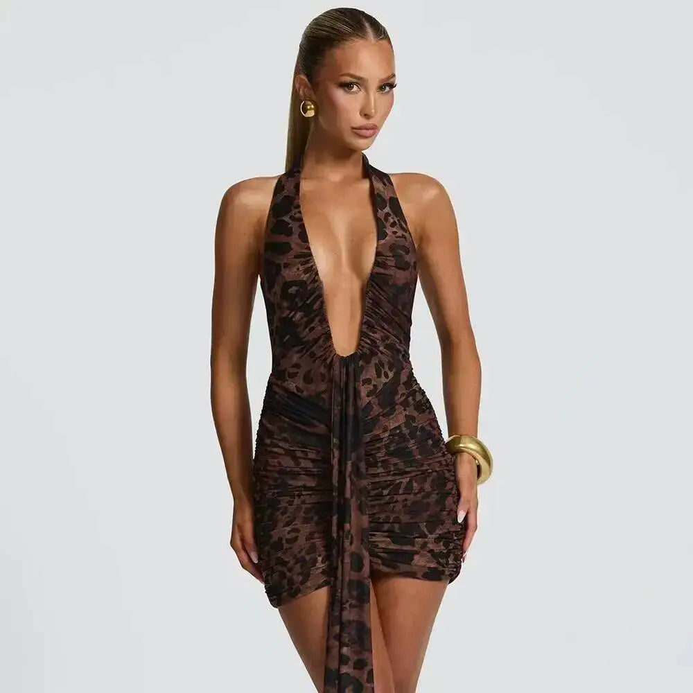 The Leopard Print Halter Pleated Mini Dress