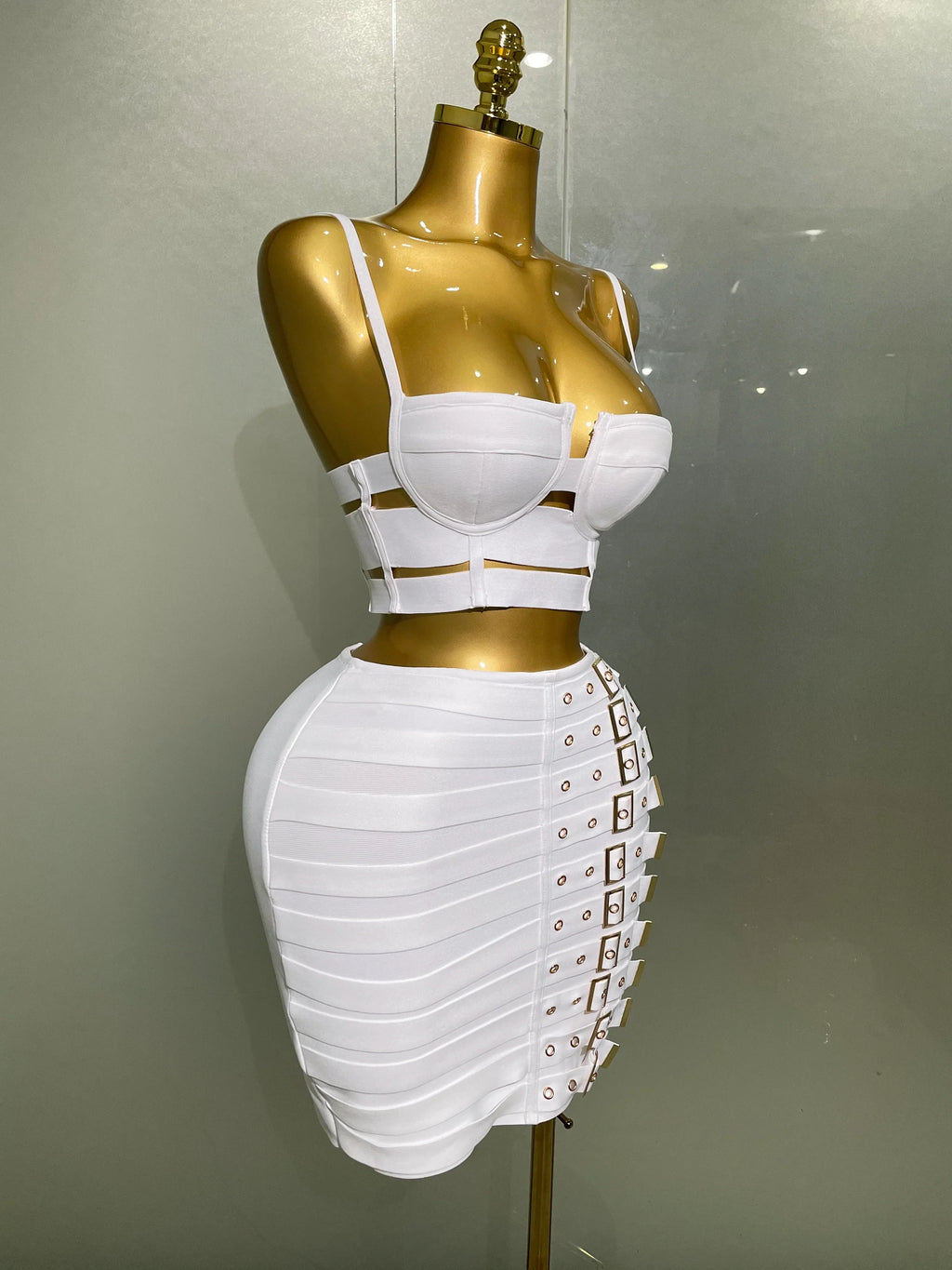 Sculpted Buckle Bandage Bustier & Multi-Buckle Grommet Hardware Bandage Mini Skirt Set