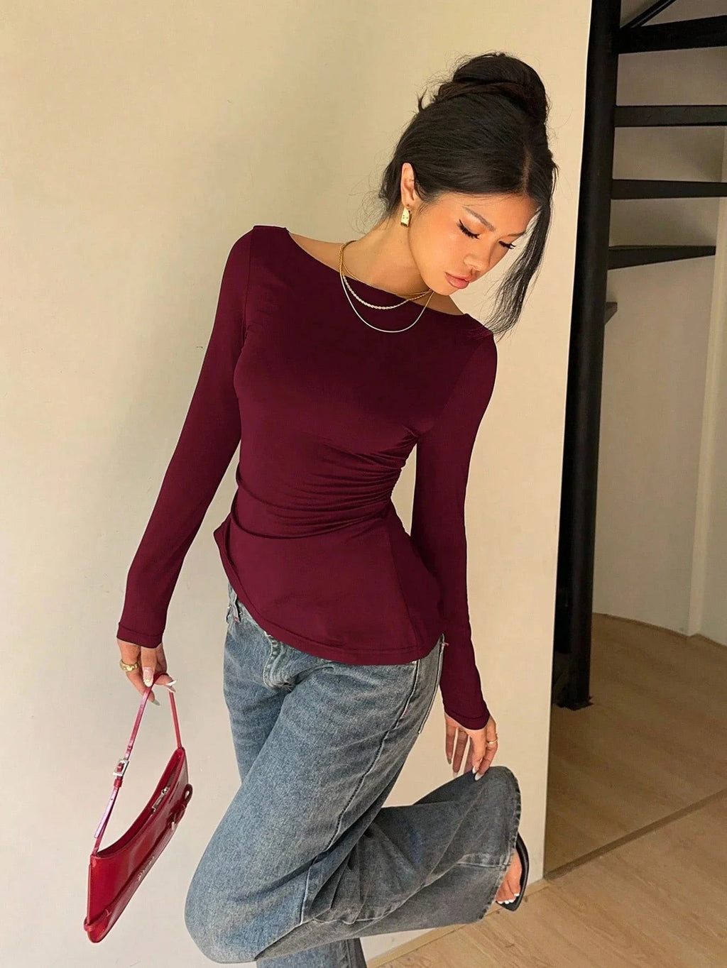 Long-Sleeve Lace Back Bow Top with Asymmetric Hem
