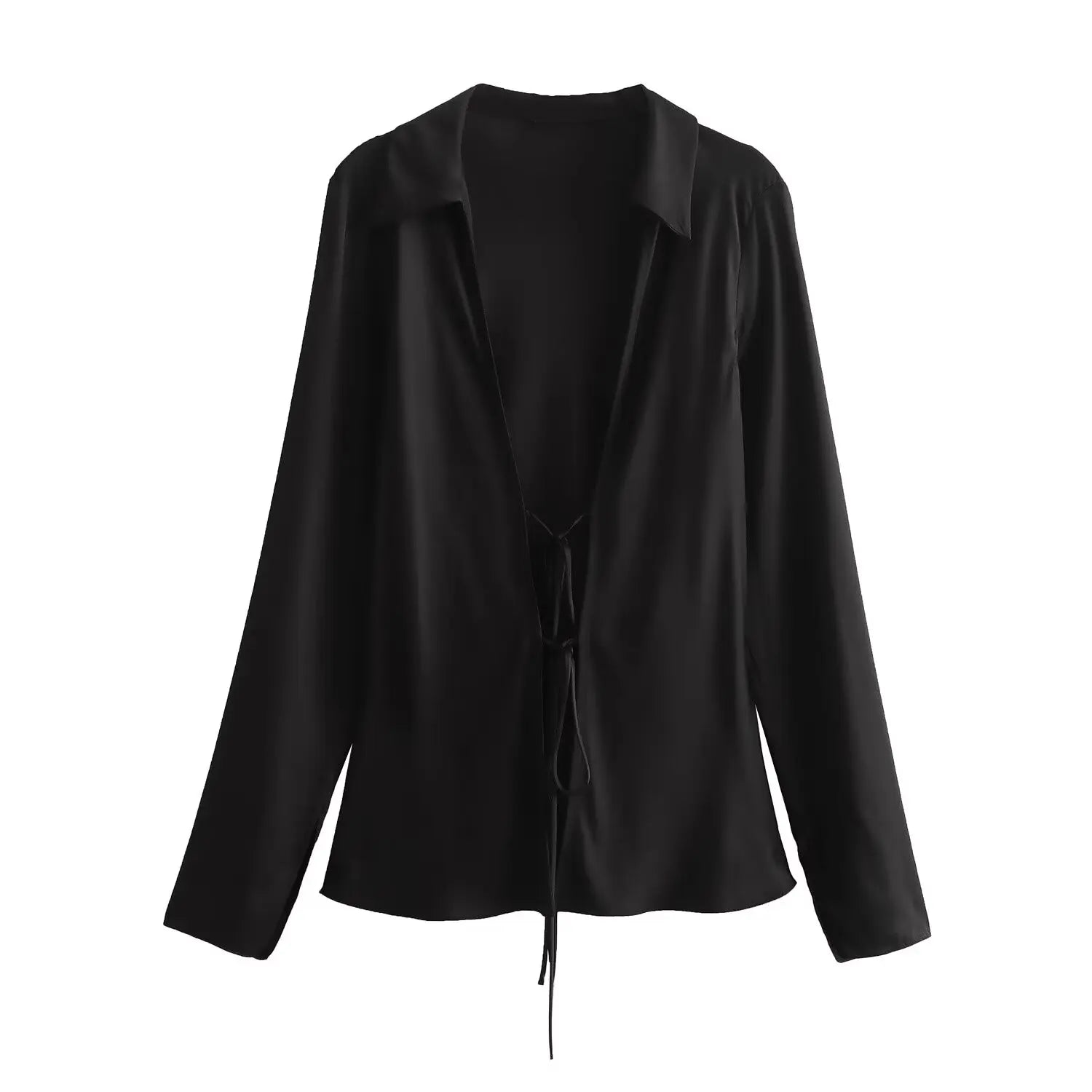 Satin Bow-Tie Blouse | Long Sleeve V-Neck Slim Silky Top