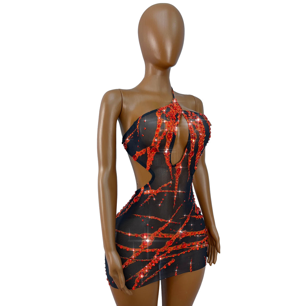 The Crimson Flame Rhinestone Mini Dress