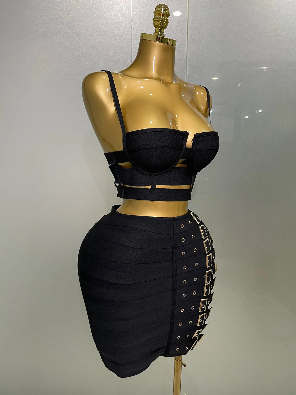 Sculpted Buckle Bandage Bustier & Multi-Buckle Grommet Hardware Bandage Mini Skirt Set