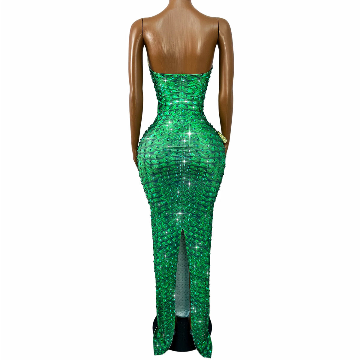 The Emerald Serpent Strapless Rhinestone Gown