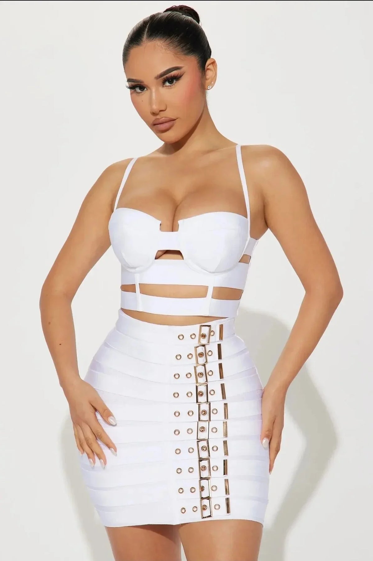 Sculpted Buckle Bandage Bustier & Multi-Buckle Grommet Hardware Bandage Mini Skirt Set