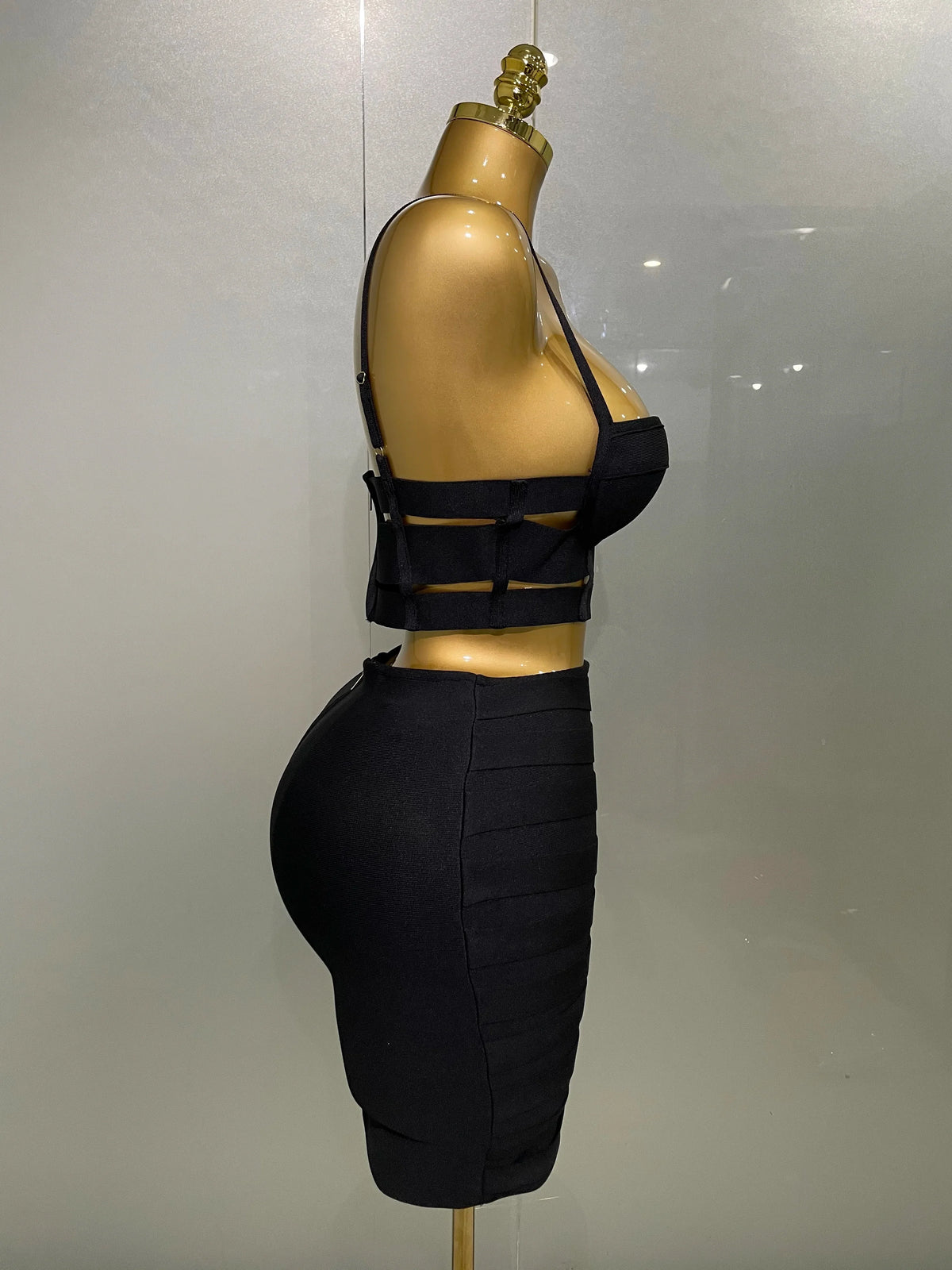 Sculpted Buckle Bandage Bustier & Multi-Buckle Grommet Hardware Bandage Mini Skirt Set