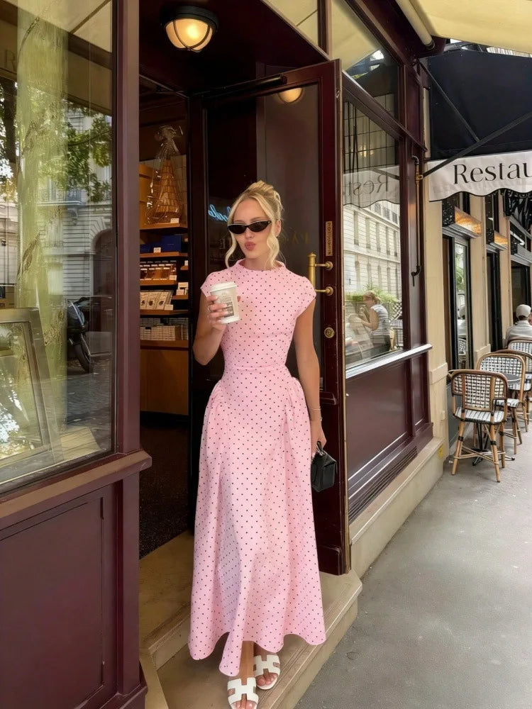 Polka Dot Round Neck Cap Sleeve Corset Waist A-Line Pleated Midi Dress