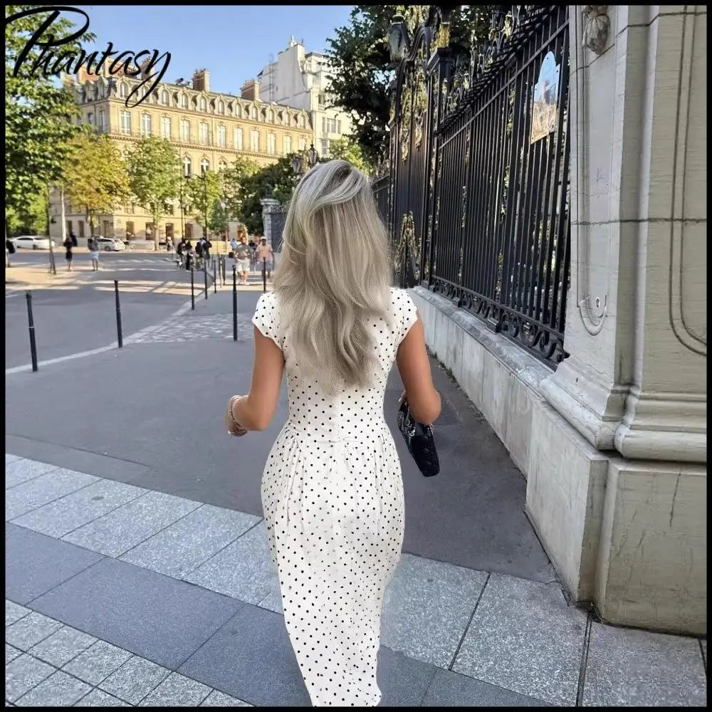 Polka Dot Round Neck Cap Sleeve Corset Waist A-Line Pleated Midi Dress