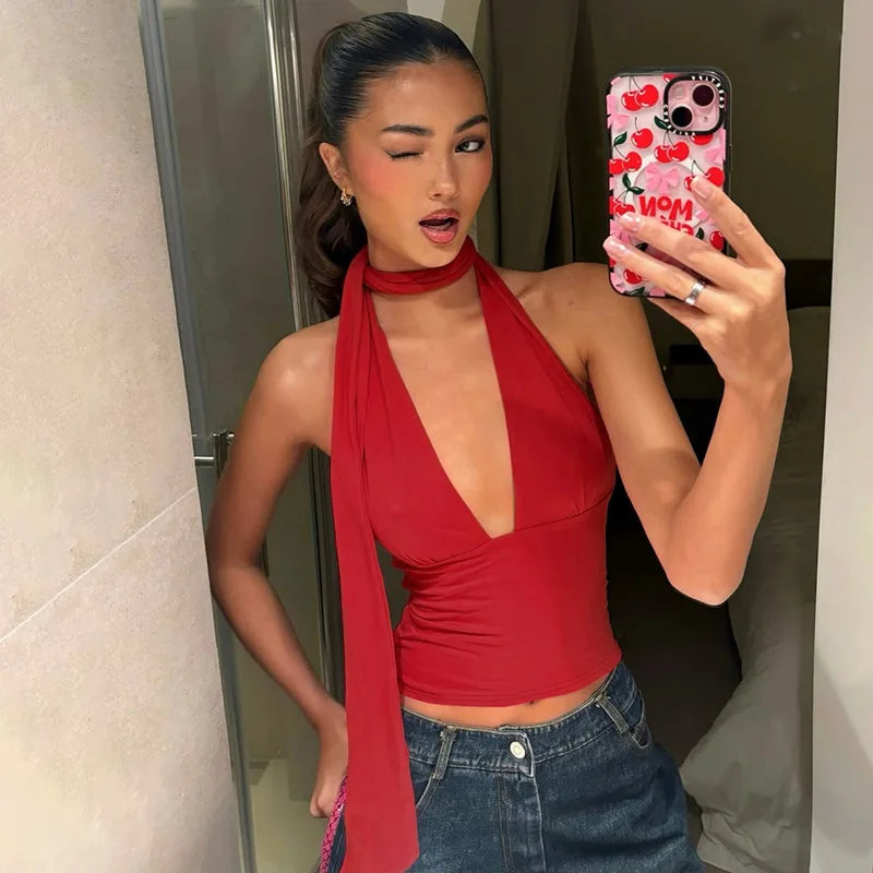Deep V Halter Neck Tie Backless Crop Top