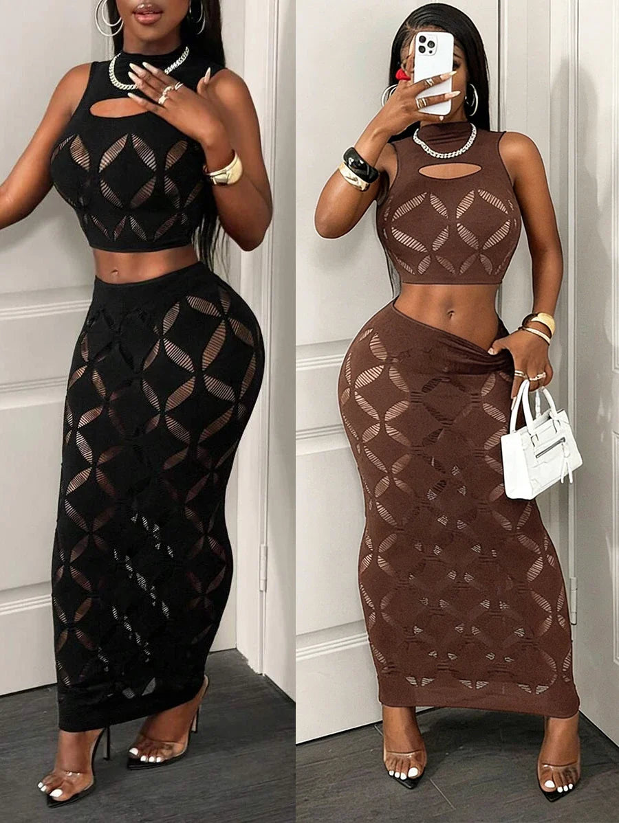 The Plus Size Mesh Hollow Out Mini Skirt Set
