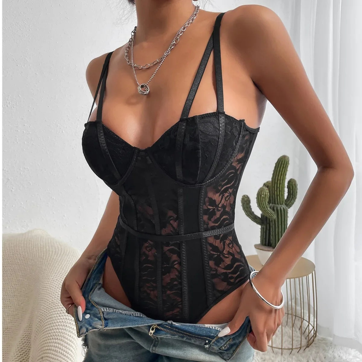 The Noir Contour Lace Bodysuit