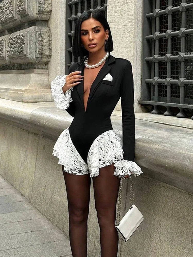 The Jacquard Ruffle Lapel Bodysuit