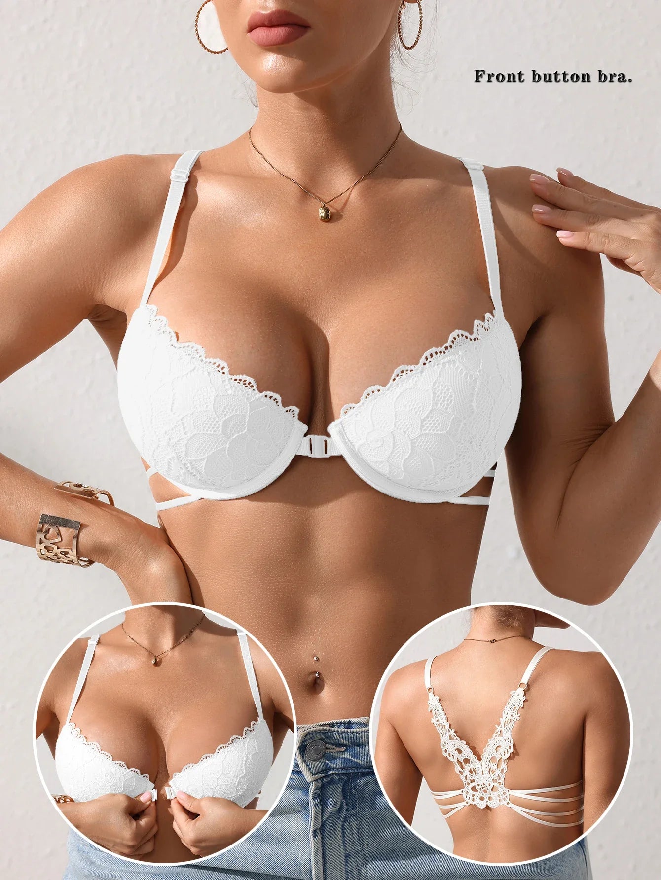 Lace Butterfly Back Front-Closure Push-Up Bra