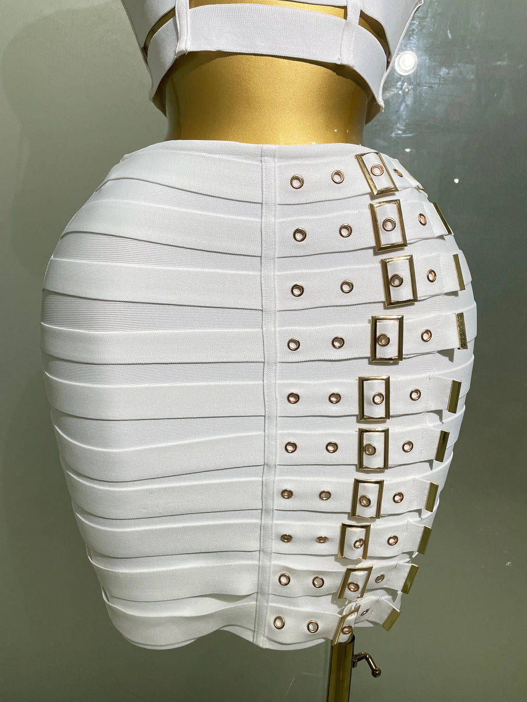 Sculpted Buckle Bandage Bustier & Multi-Buckle Grommet Hardware Bandage Mini Skirt Set