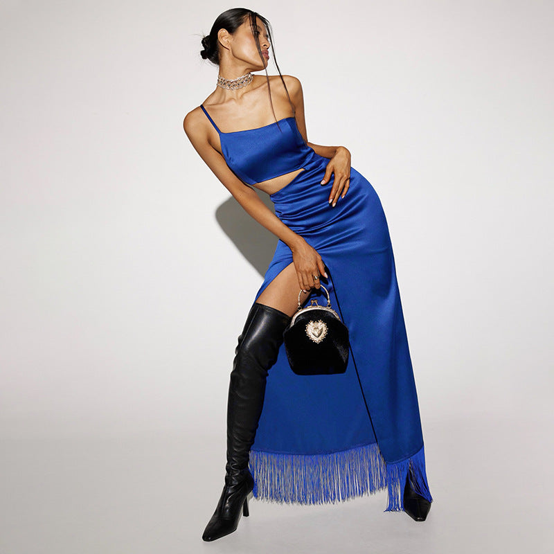 The Fringe Finale Satin Cutout Dress