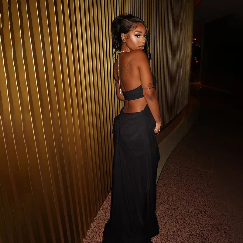 The Moonlit Muse Rhinestone Mesh Maxi Dress