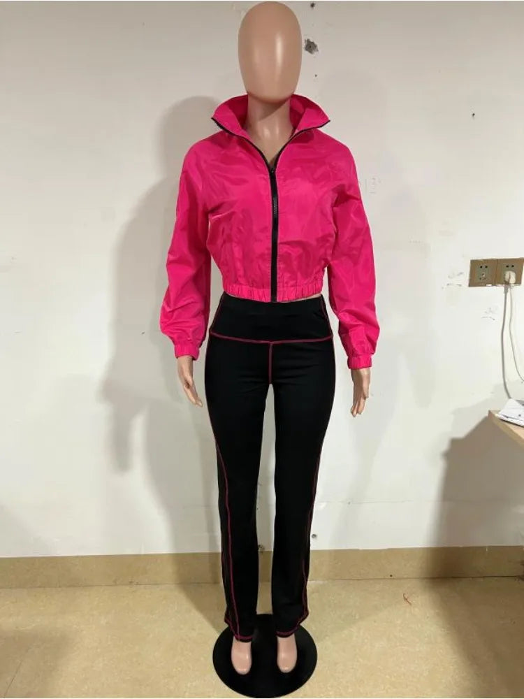 Velocity Luxe Zip-Front Active 2-Piece Set | Contrast Stitch Pants & Cropped Jacket