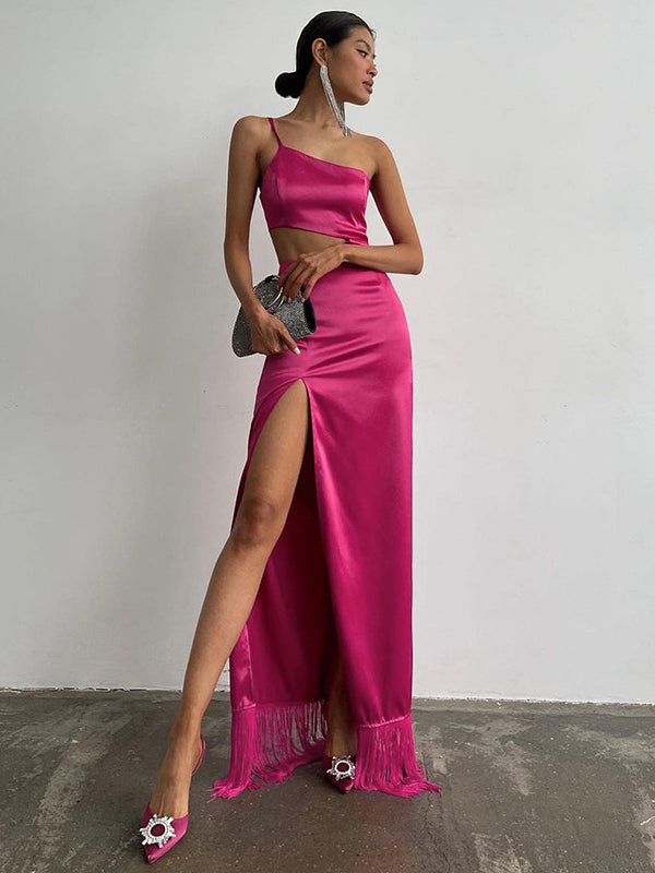The Fringe Finale Satin Cutout Dress