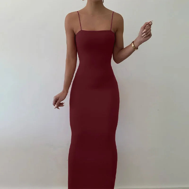 Square Neck Spaghetti Strap Backless Bodycon Maxi Dress