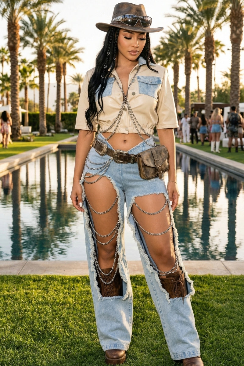 Coachella Reinvented Chain-Draped Crop Shirt & Cutout Wide-Leg Denim Set