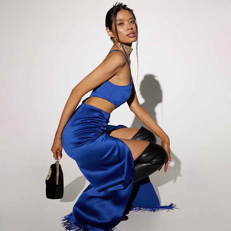The Fringe Finale Satin Cutout Dress