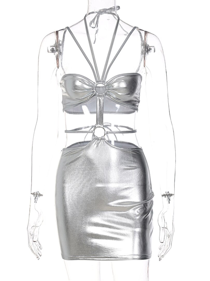 Satin Multi-Strap Halter Cutout Mini Dress | O-Ring Waist & Ruched Bust
