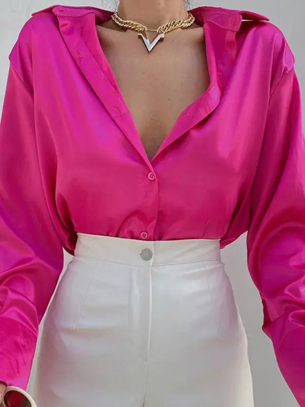 Satin Polo Collar Button-Up Blouse | Loose Fit Office Shirt