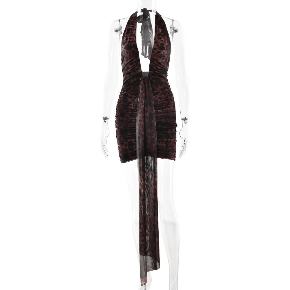 The Leopard Print Halter Pleated Mini Dress
