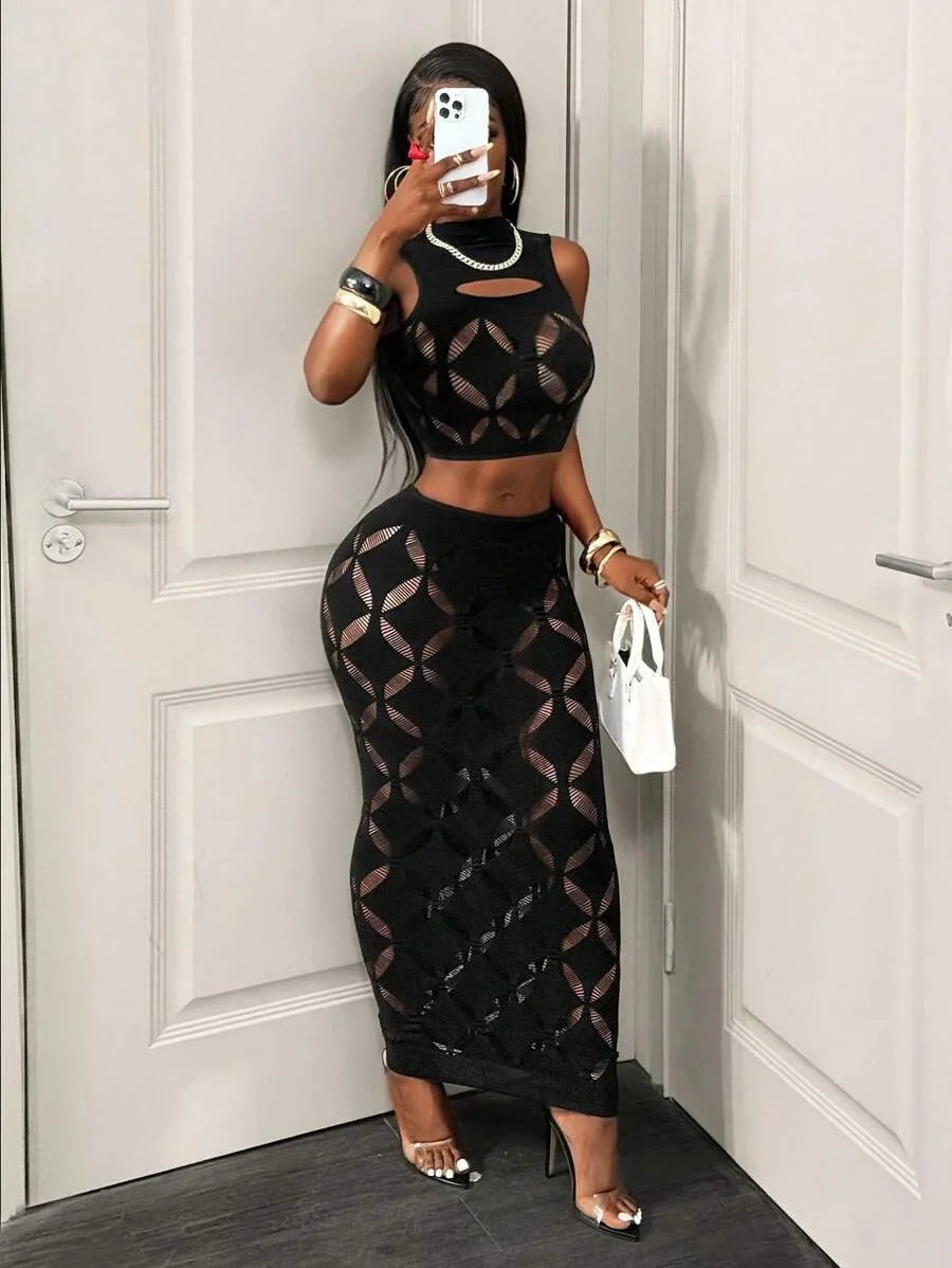 The Plus Size Mesh Hollow Out Mini Skirt Set