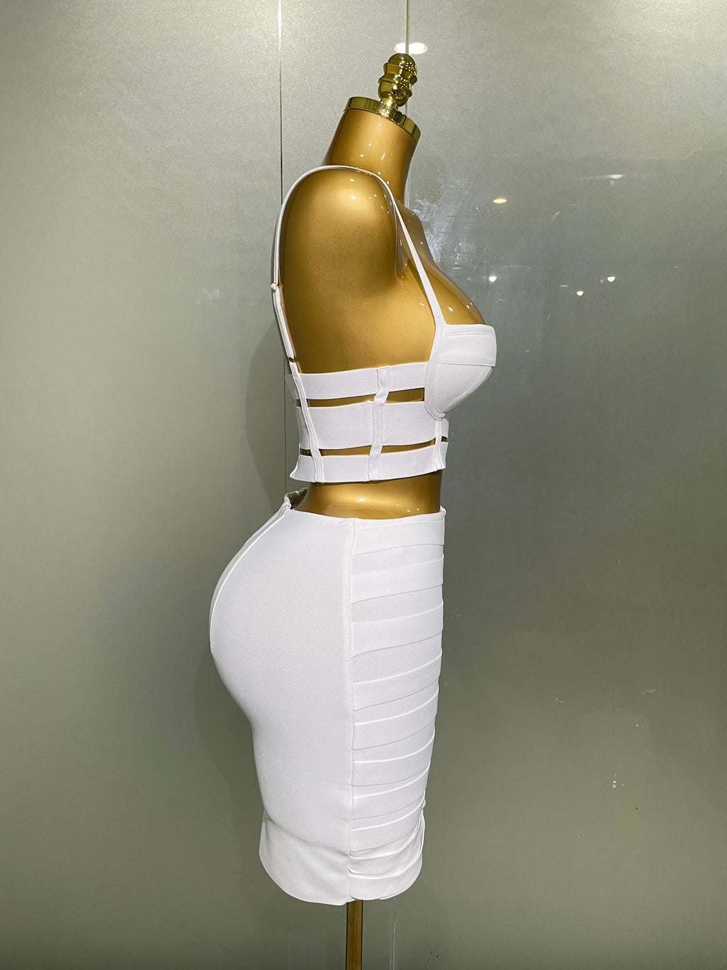 Sculpted Buckle Bandage Bustier & Multi-Buckle Grommet Hardware Bandage Mini Skirt Set