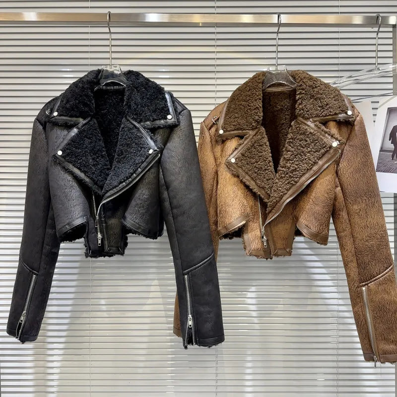 The Uptown Rebel Plush-Trim Moto Jacket