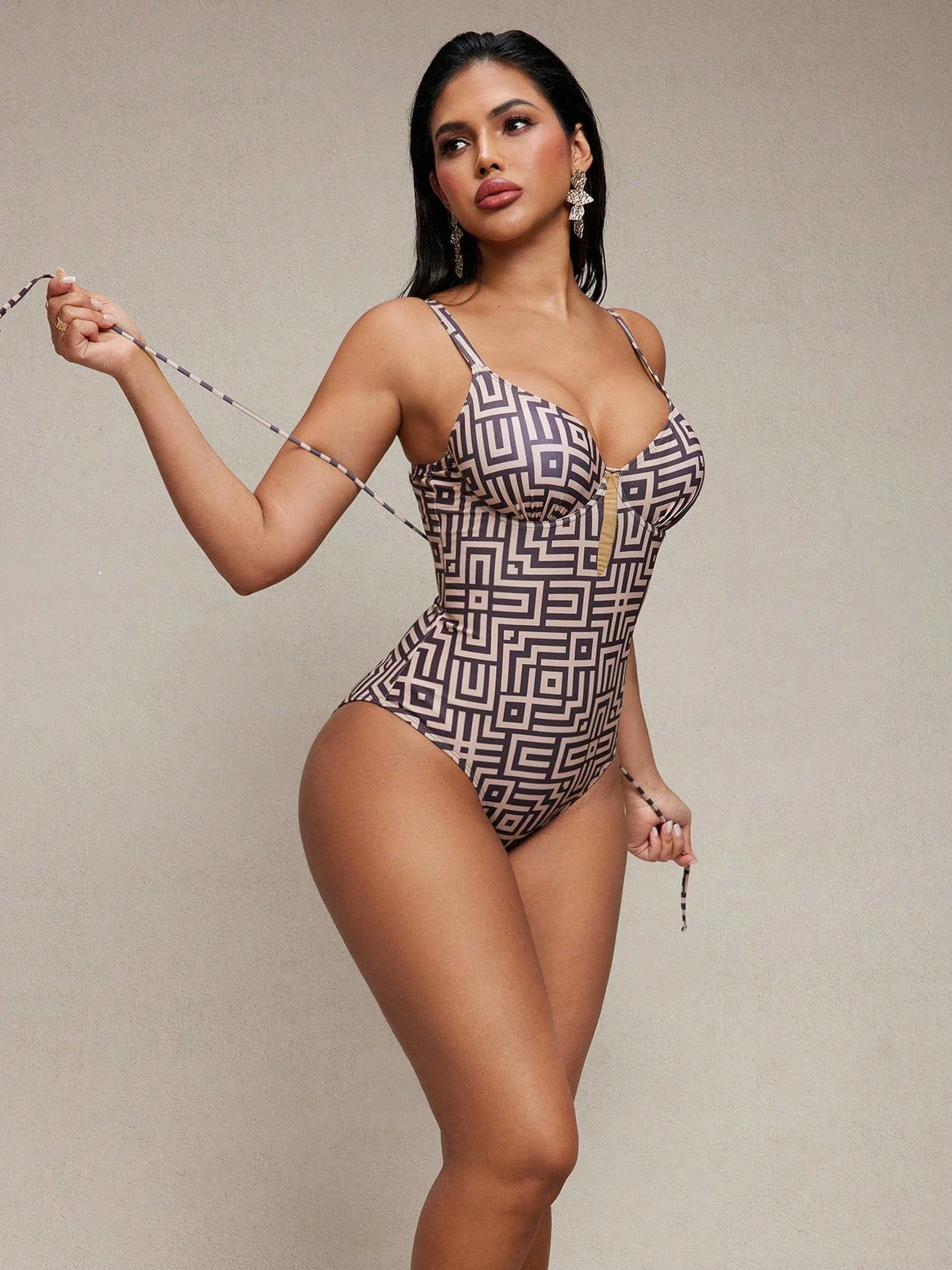Daxiyee Coffee Geometry Lace-Up Swimsuit
