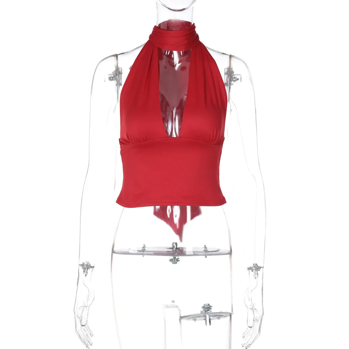 Deep V Halter Neck Tie Backless Crop Top