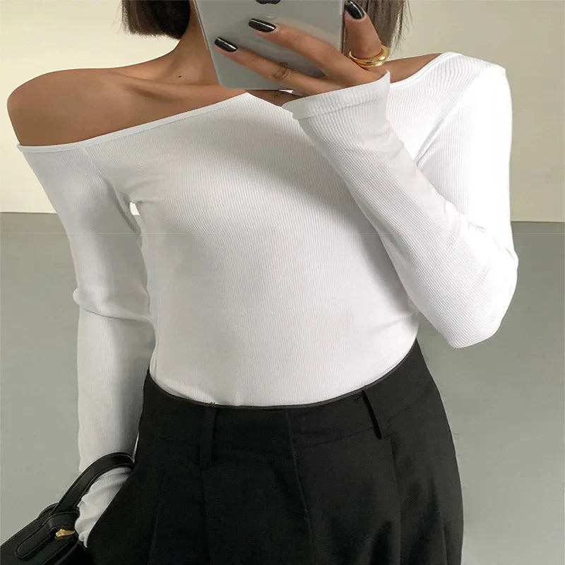 Off-Shoulder Long-Sleeve Knit Crop Top