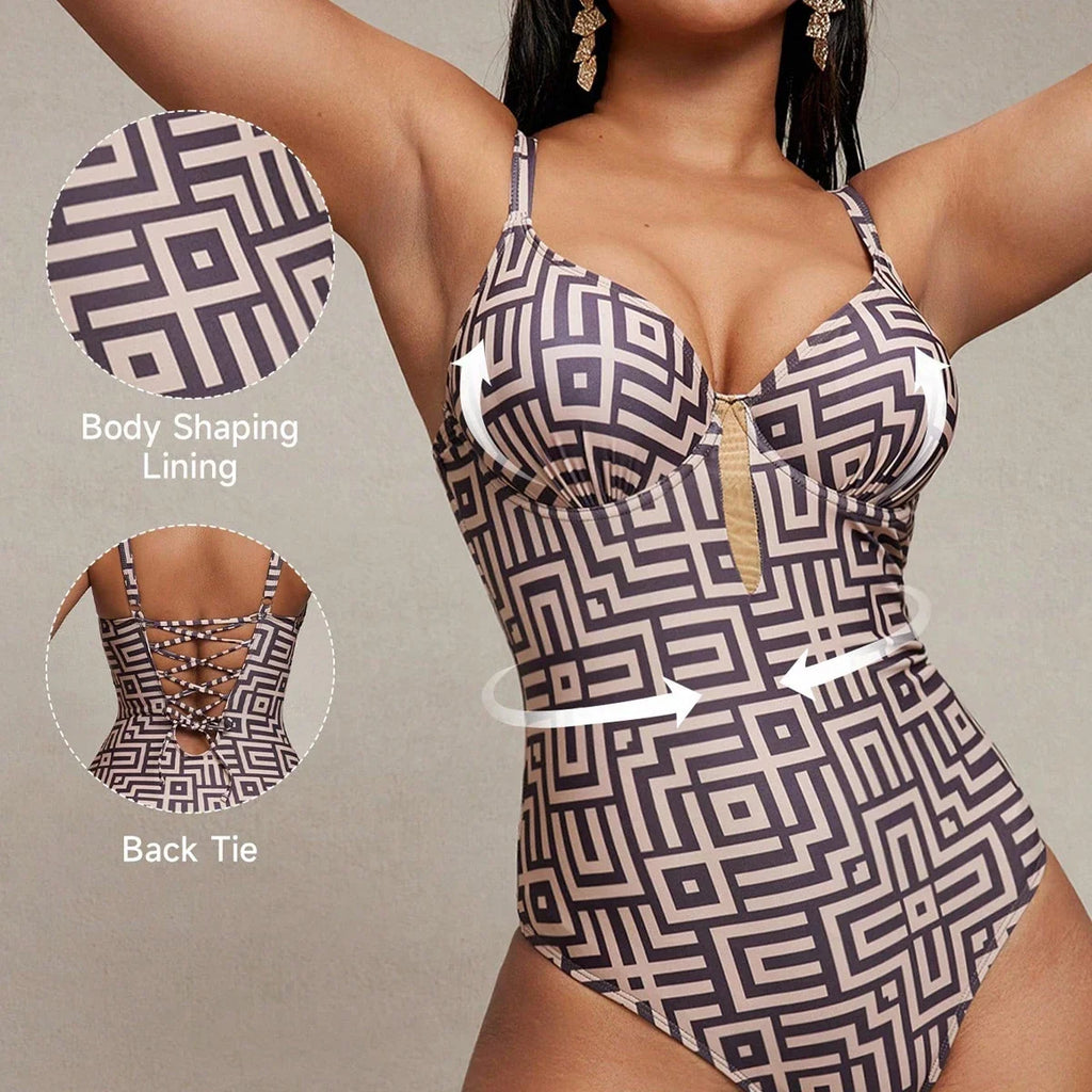 Daxiyee Coffee Geometry Lace-Up Swimsuit