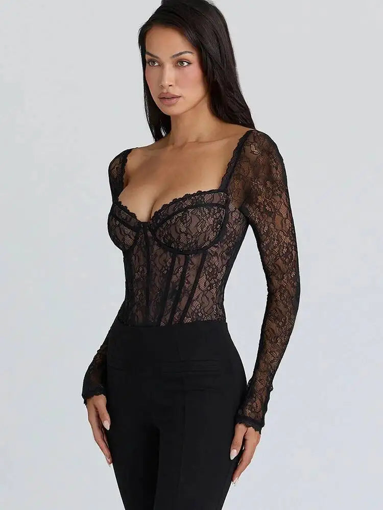 The Sheer Lace Square Collar Bodysuit
