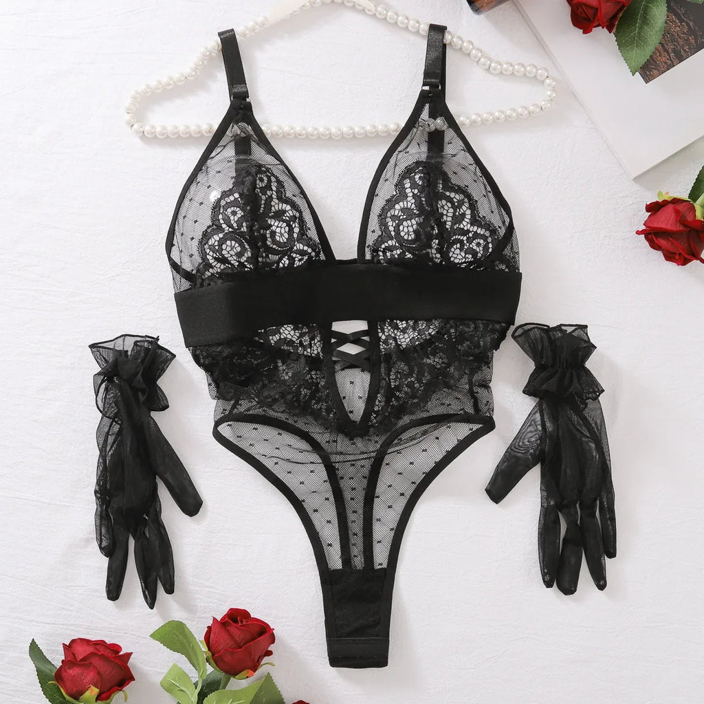 The Lace Enigma Dotted Mesh Bodysuit