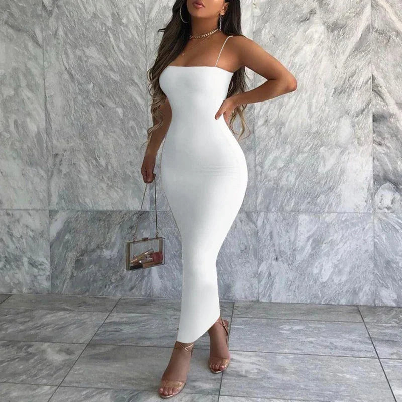 Square Neck Spaghetti Strap Backless Bodycon Maxi Dress