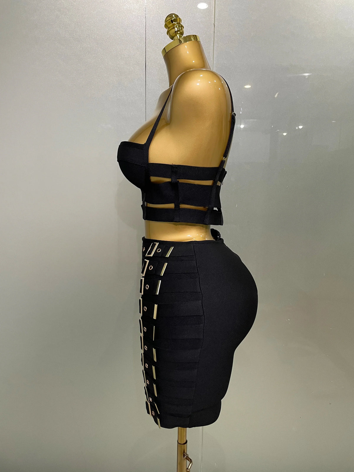 Sculpted Buckle Bandage Bustier & Multi-Buckle Grommet Hardware Bandage Mini Skirt Set