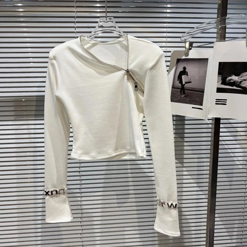 Asymmetric Zip Sculpt Long-Sleeve Top – Minimalist Streetwear Cutout Tee