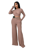 Ribbed Twist-Front Crop Top & Wide-Leg Pants Set – Taupe