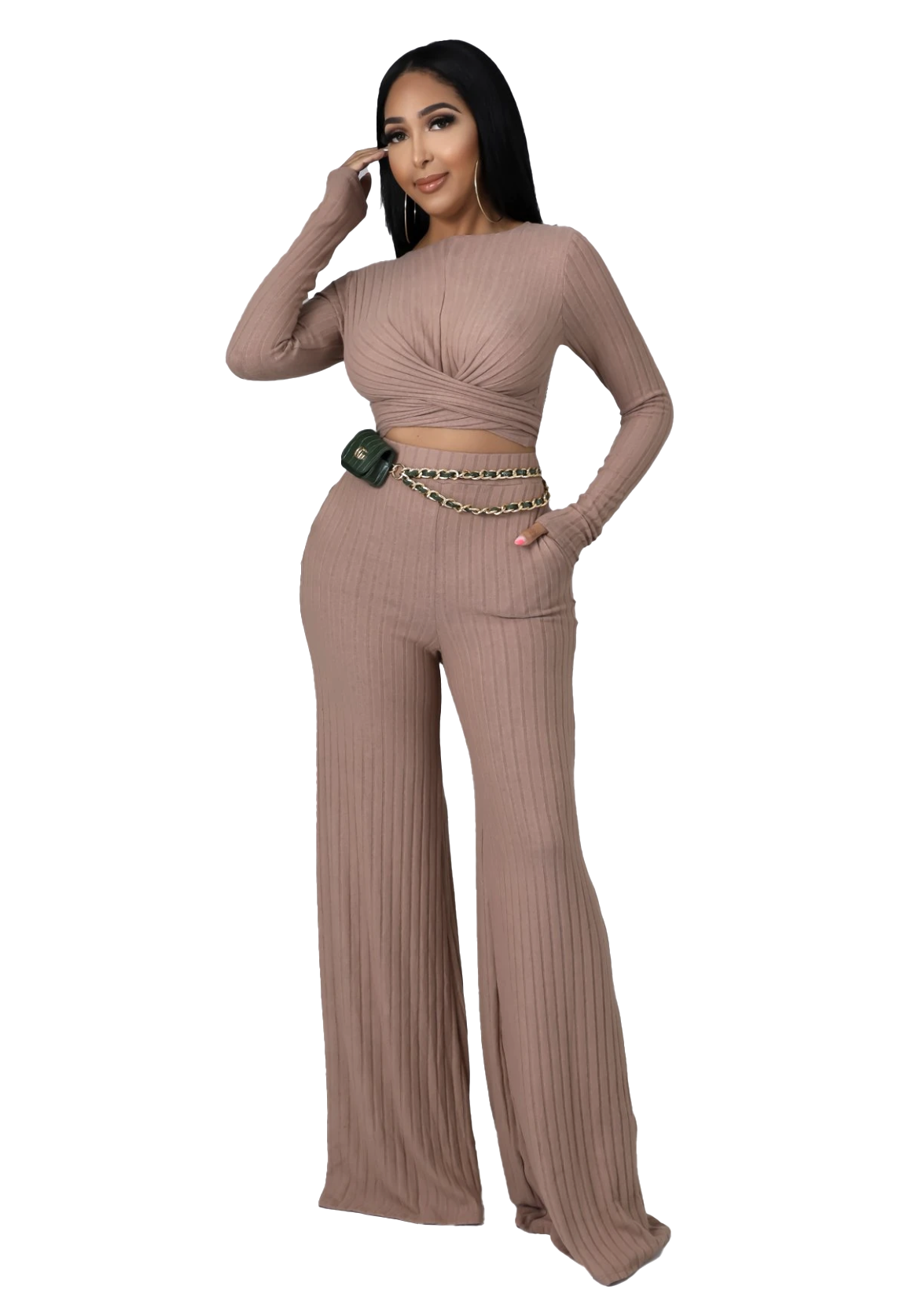 Ribbed Twist-Front Crop Top & Wide-Leg Pants Set – Taupe