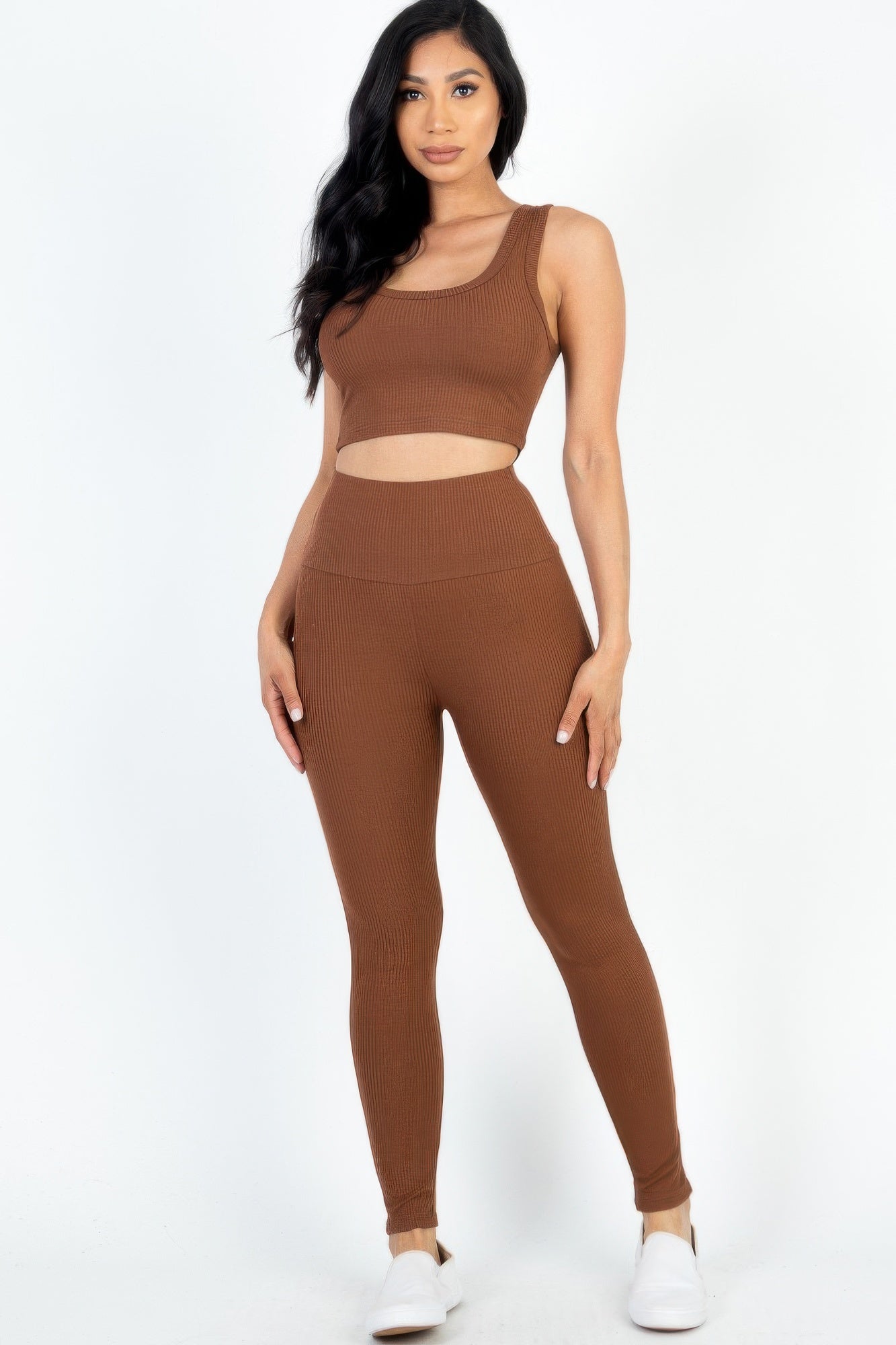 Ribbed Scoop-Neck Crop Top & High-Waist Leggings Set | Athleisure Two-Piece