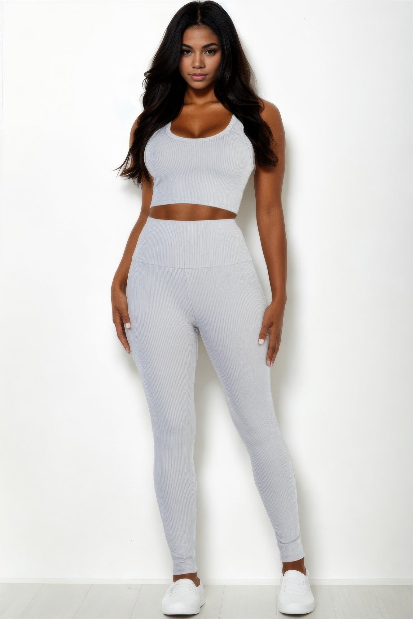Ribbed Scoop-Neck Crop Top & High-Waist Leggings Set | Athleisure Two-Piece
