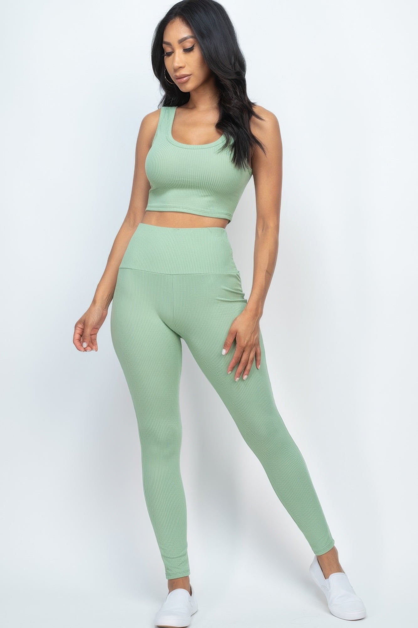 Ribbed Scoop-Neck Crop Top & High-Waist Leggings Set | Athleisure Two-Piece