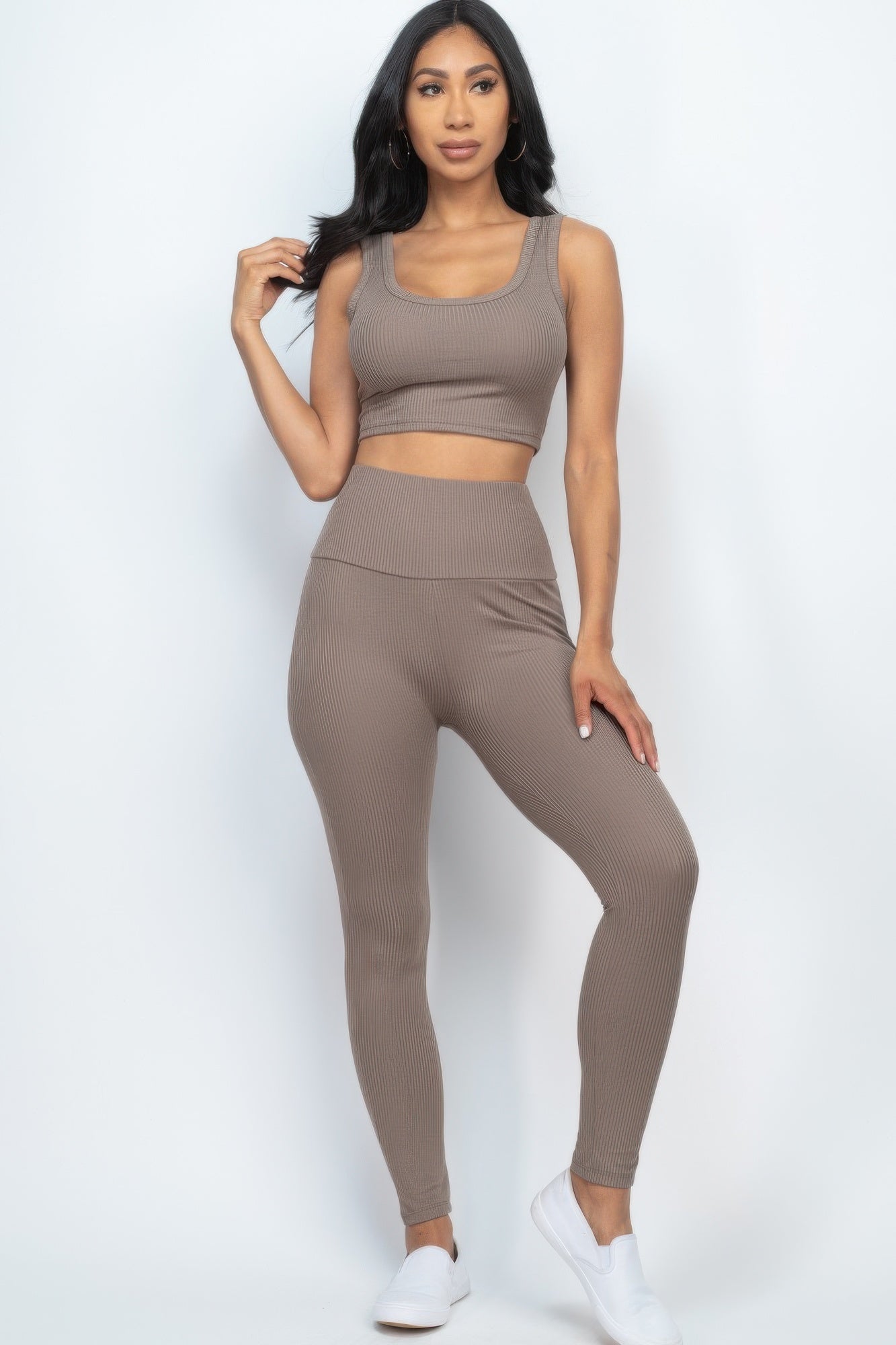 Ribbed Scoop-Neck Crop Top & High-Waist Leggings Set | Athleisure Two-Piece