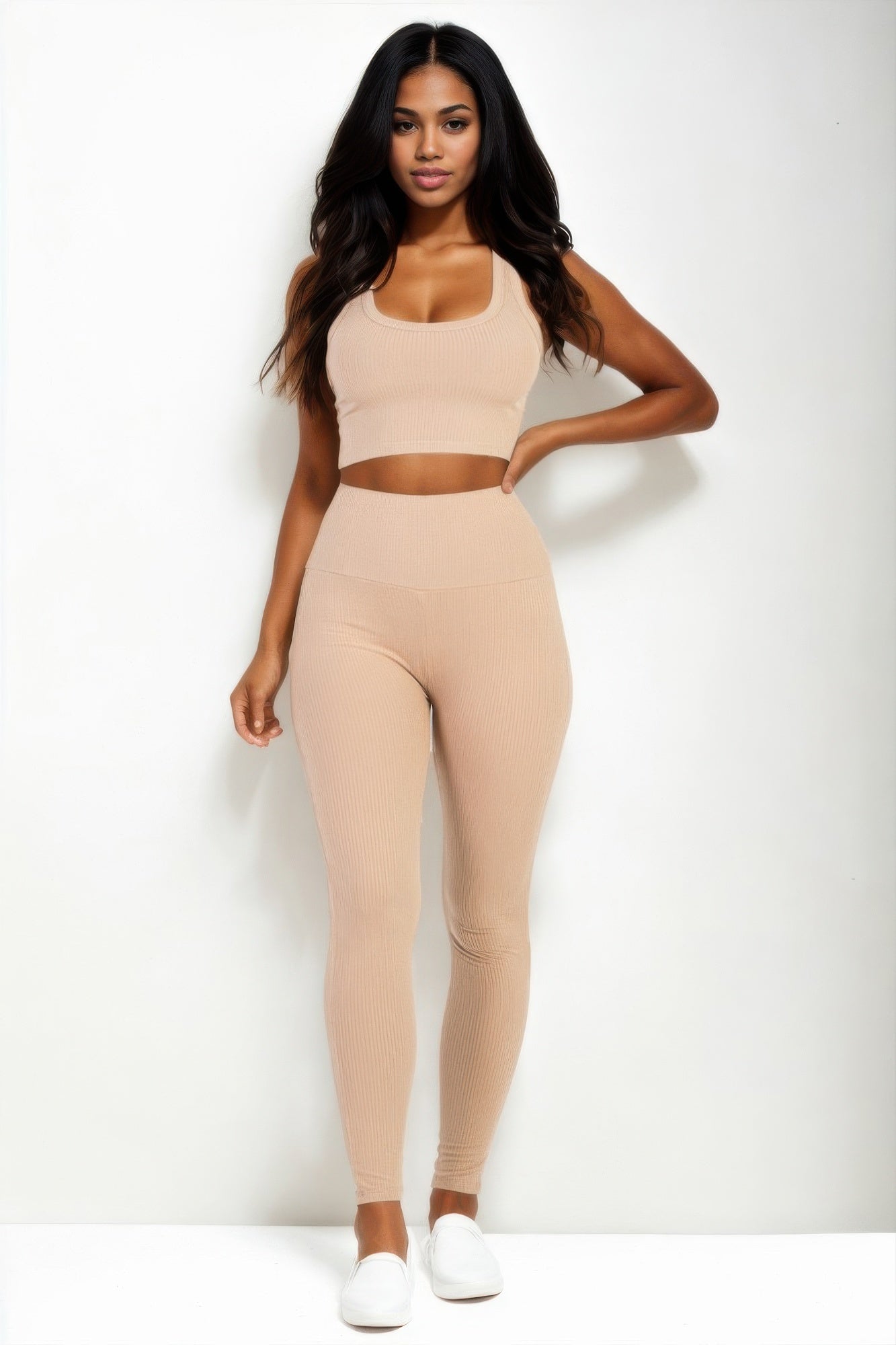 Ribbed Scoop-Neck Crop Top & High-Waist Leggings Set | Athleisure Two-Piece